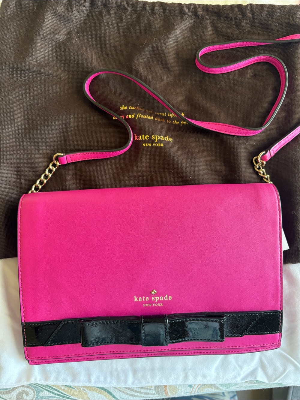 kate spade Hot Pink and Black Leather Bow Crossbody Bag